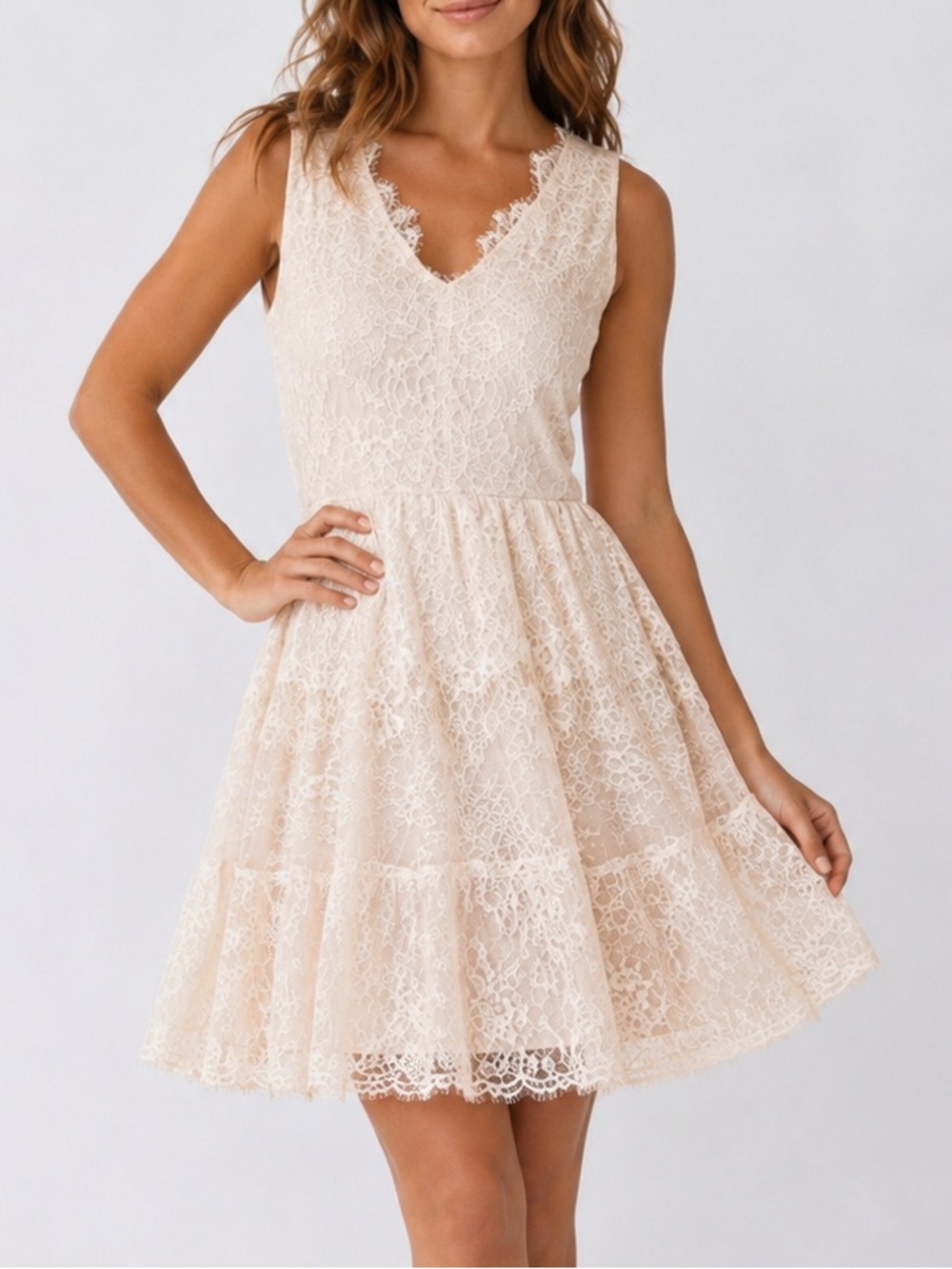 BCBGMAXAZRIA Lace Fit & Flare Mini Dress Ivory Nude Sleeveless Size Small